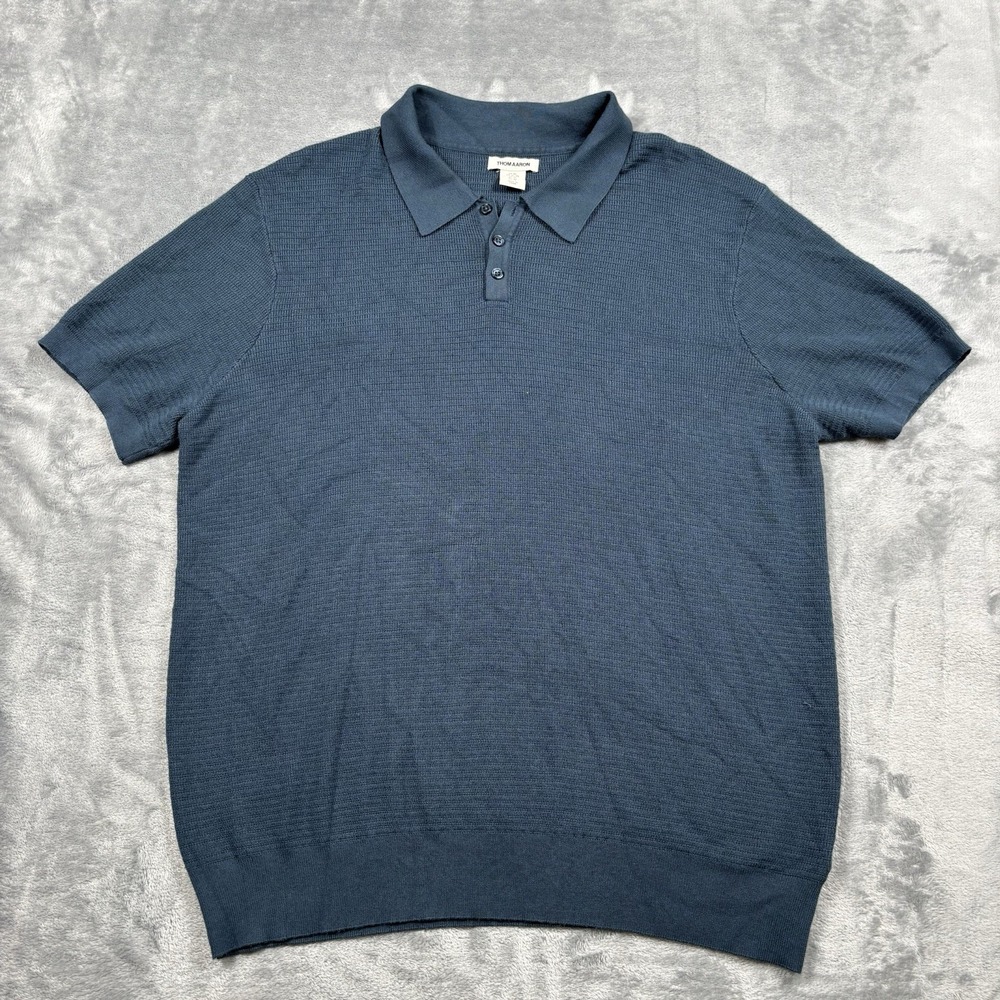 Thom Aaron Short Sleeve Knit Polo Shirt Men XL Navy Blue Rayon Blend Sweater
